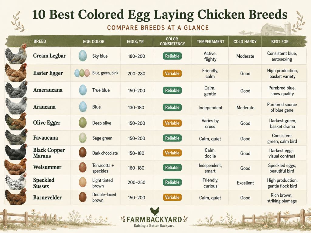 Comparison chart of the best colored egg laying chicken breeds and egg colors